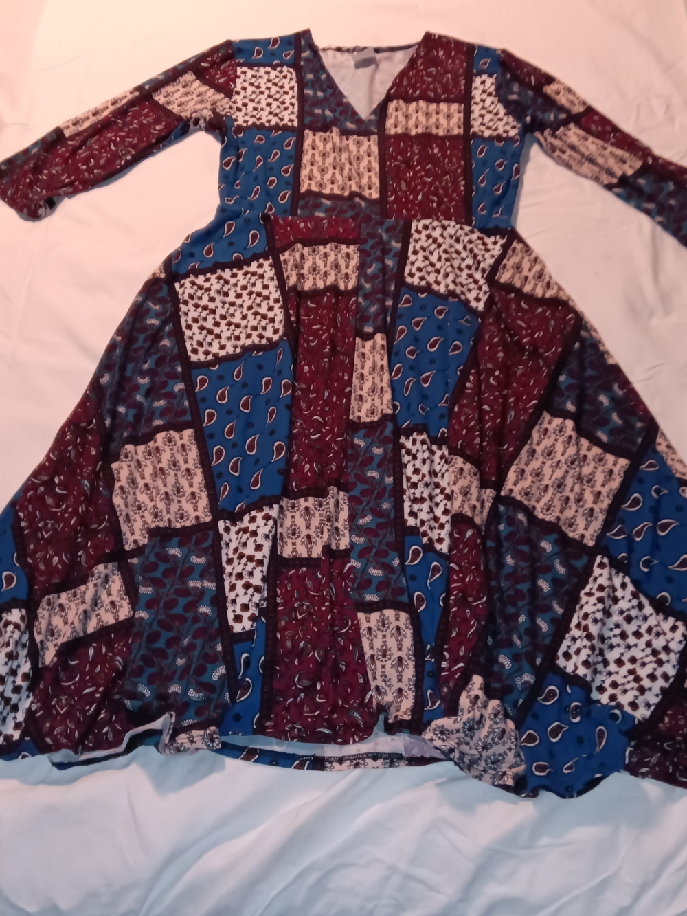 Agnes & Dora Women's Patchwork Print 3/4 Sleeve Dress - Blue & Burgundy- Size Lg